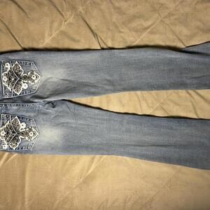 Telepatia Bootcut Jeans Size 5/27 Rhinestone Cross Embroidered Stretch Denim